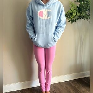 Champion Placid Blue Hoodie with Pink Accent